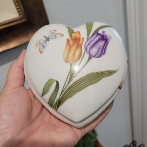 Vintage LIMOGES France Heart Shaped Trinket Box Rochard Butterflies Floral FLAW